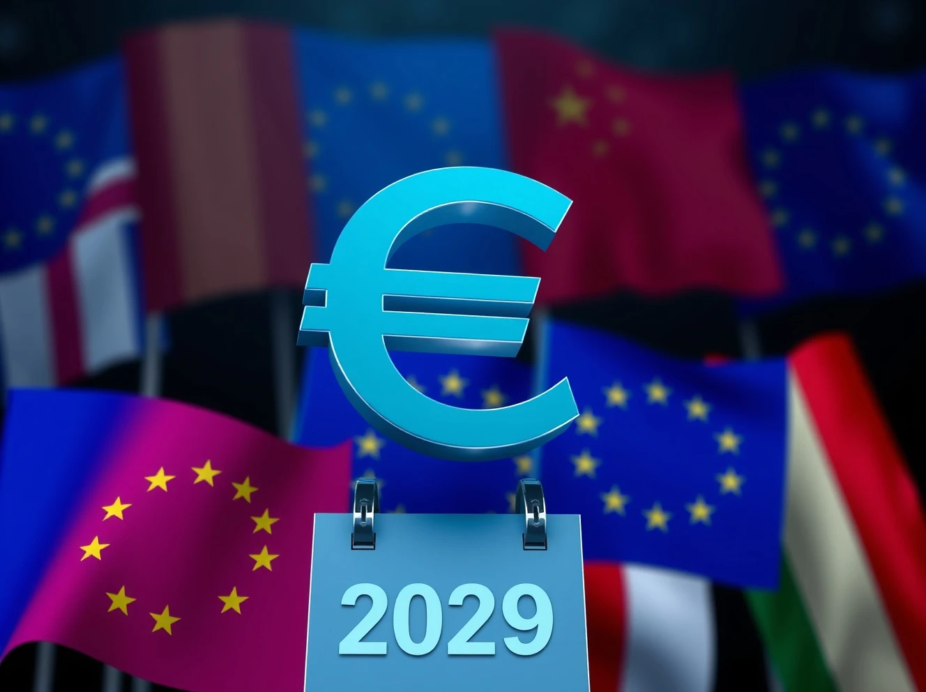 Digital euro currency symbol with European Union background showing 2029 launch timeline