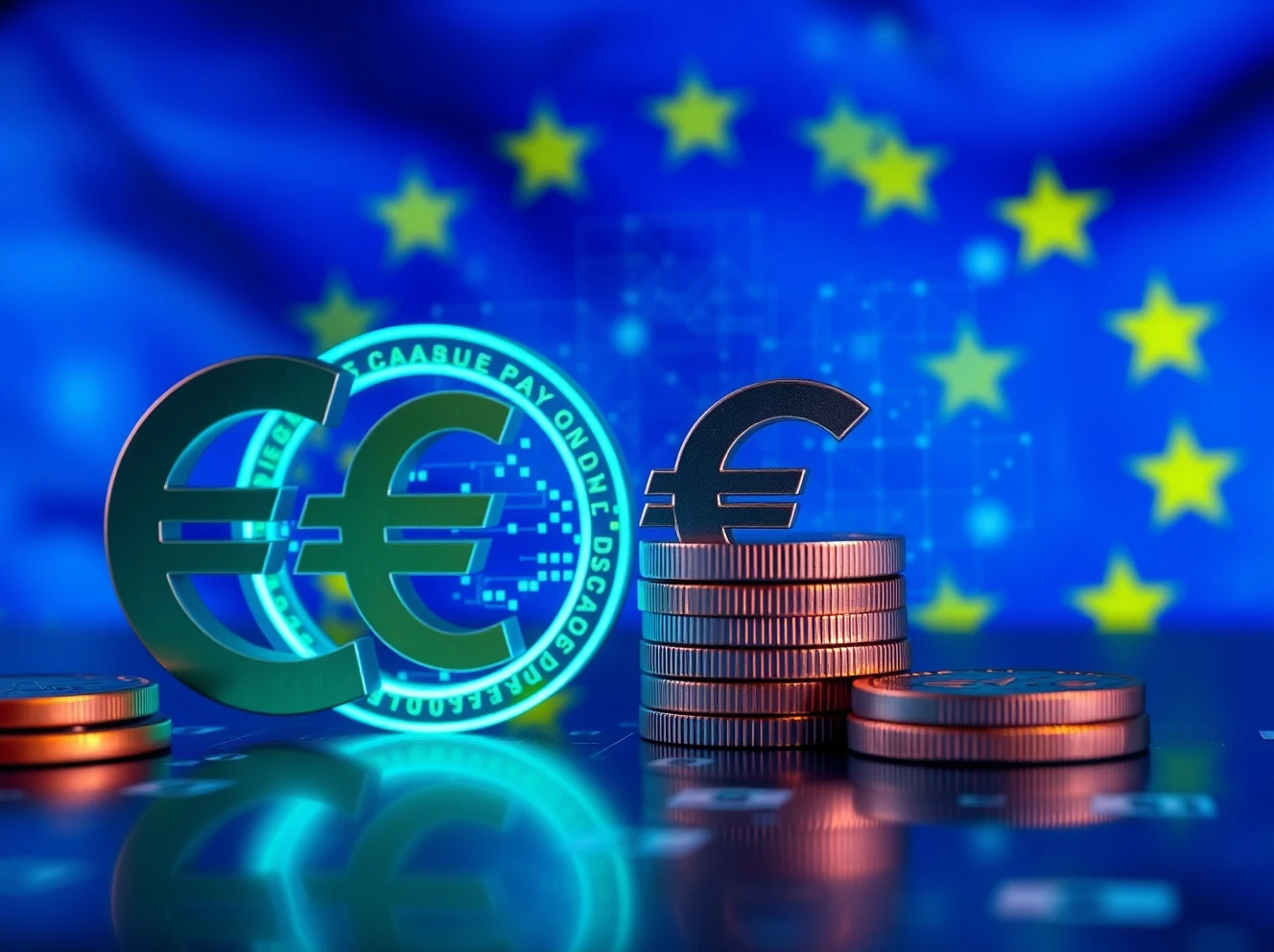 Digital euro payment interface showing secure transaction between smartphone and European Central Bank