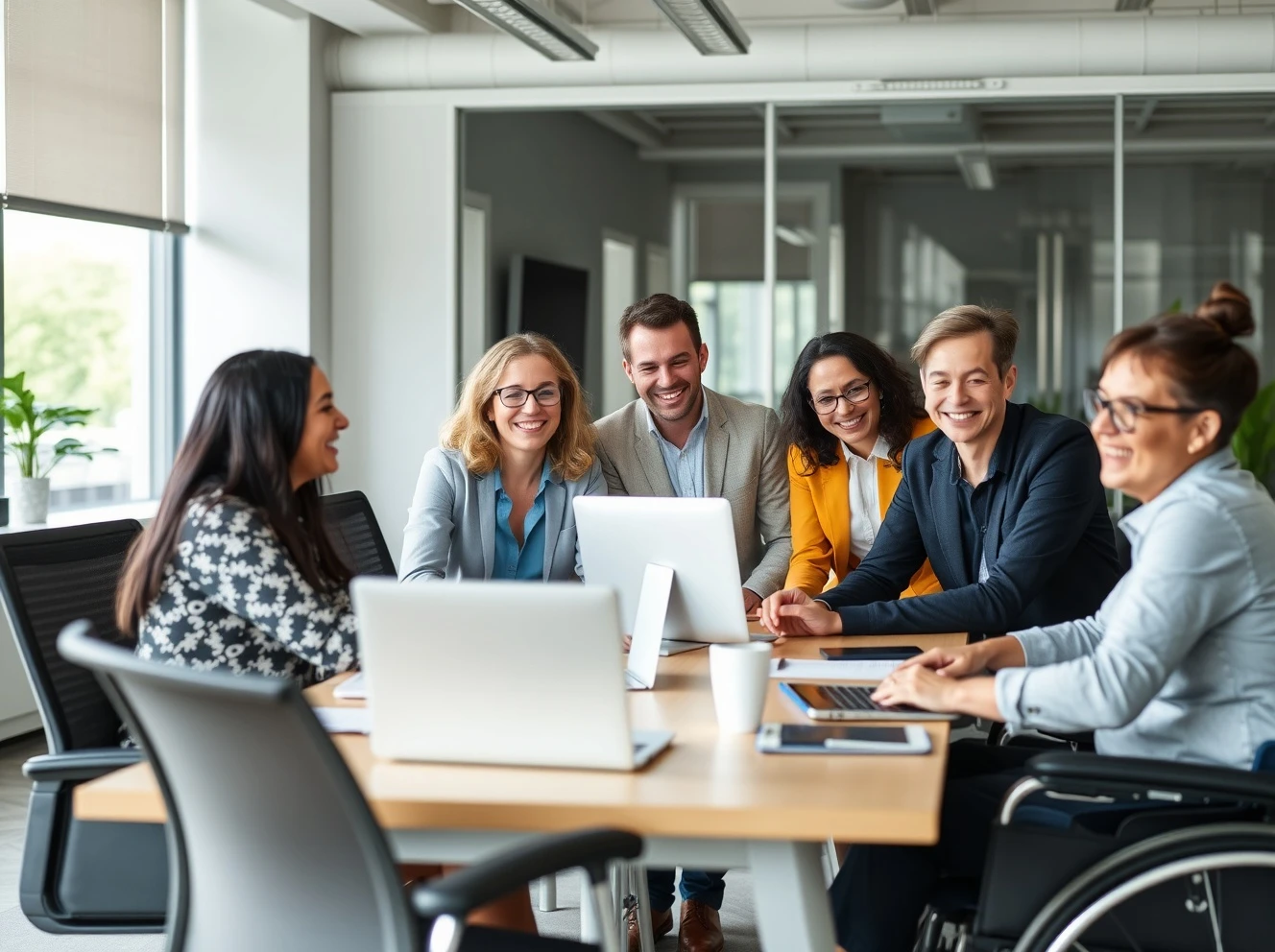 Diverse team including disabled employees collaborating successfully in modern office environment