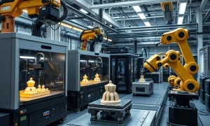 Advanced military parts production facility with 3D printers manufacturing defense components