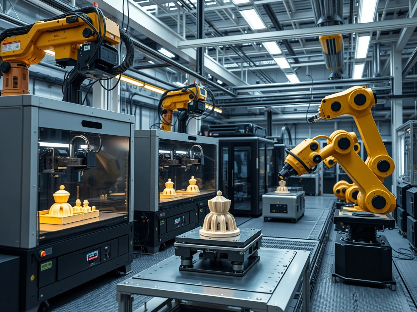 Advanced military parts production facility with 3D printers manufacturing defense components