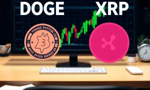 DOGE and XRP ETFs launching on traditional stock exchange with cryptocurrency symbols