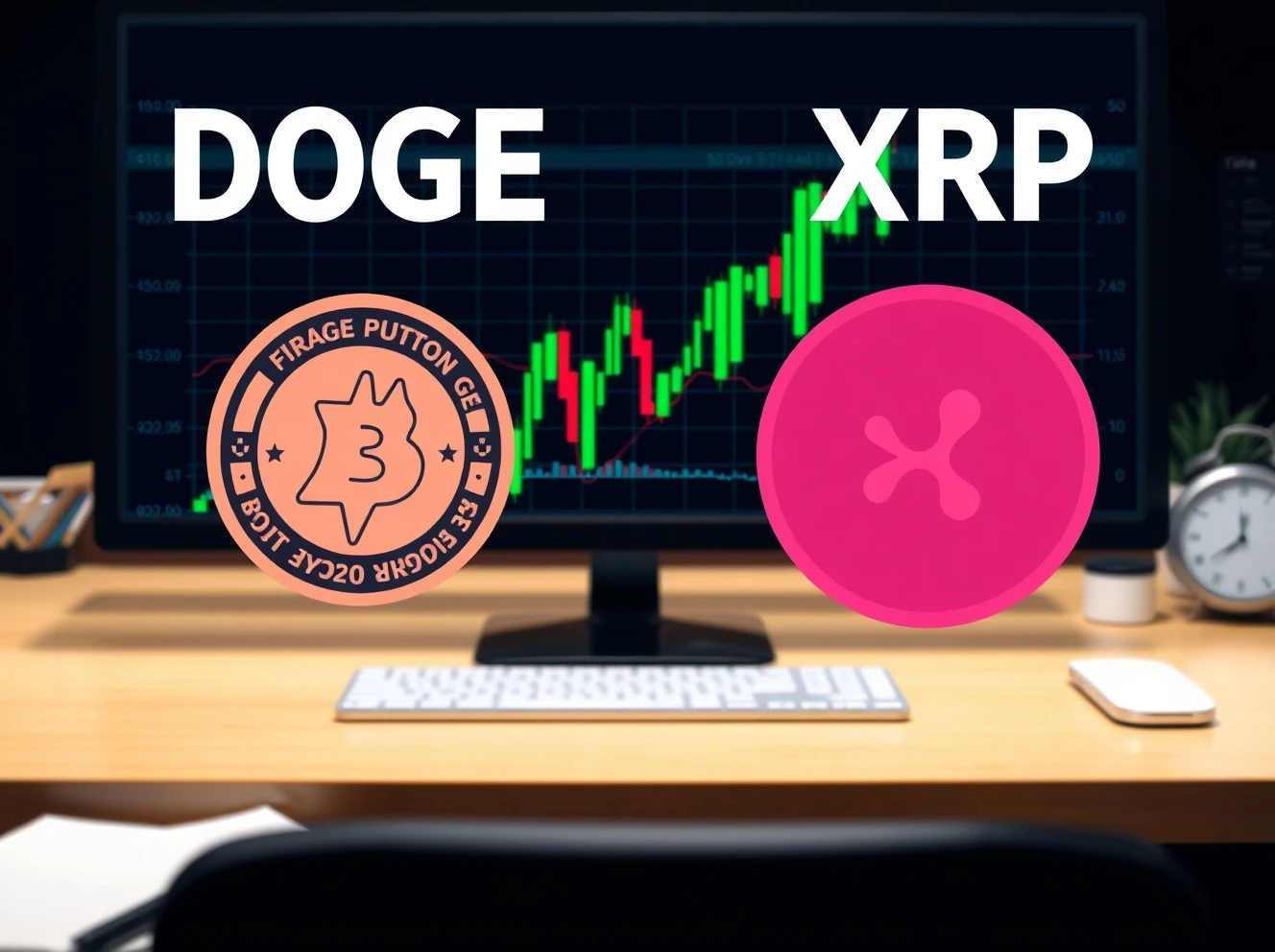 DOGE and XRP ETFs launching on traditional stock exchange with cryptocurrency symbols