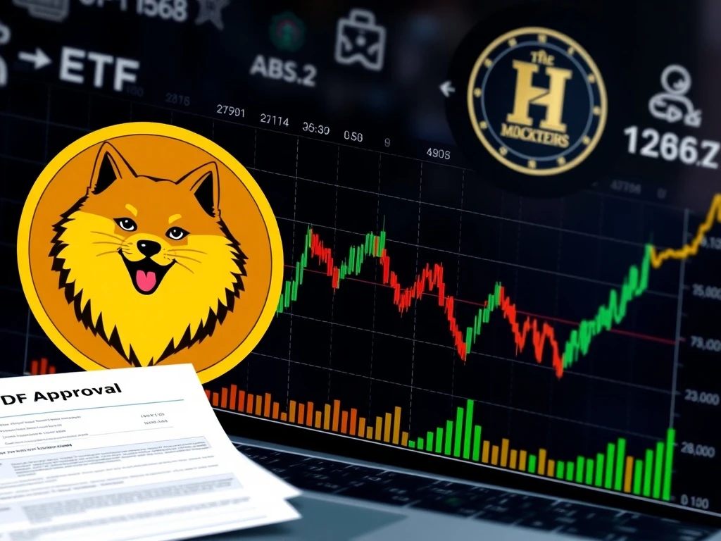 Dogecoin ETF regulatory approval process showing financial documents and cryptocurrency symbols