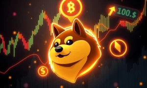 Dogecoin price chart showing bullish technical indicators and potential breakout pattern