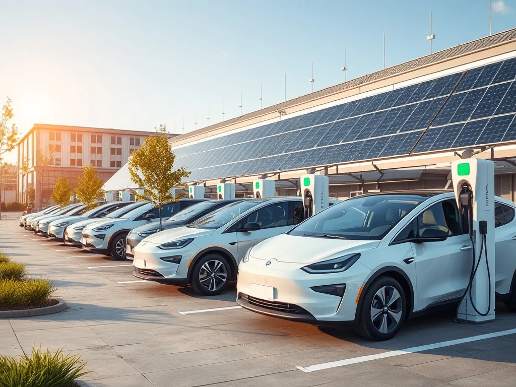 Modern electric vehicles for business fleets charging at sustainable corporate facility