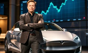 Elon Musk making strategic Tesla stock investment decision with market charts