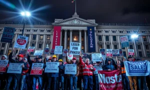 Workers protesting for Employment Rights Bill protections outside Parliament building