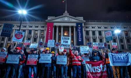 Workers protesting for Employment Rights Bill protections outside Parliament building