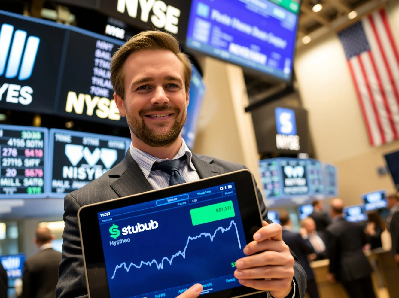 Eric Baker celebrating StubHub public offering success at NYSE