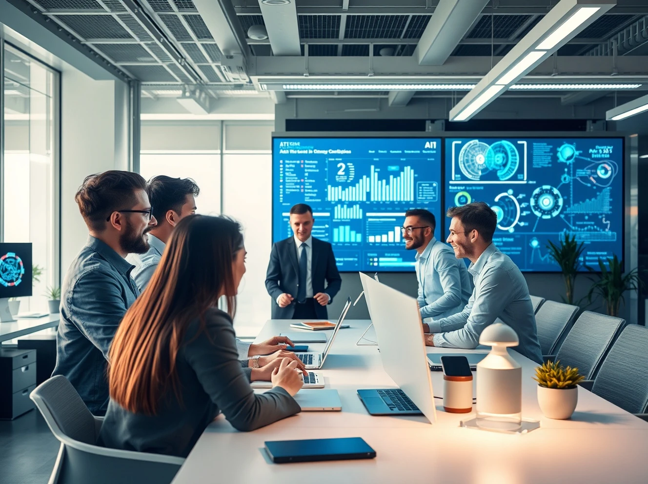 Professionals mastering AI career skills in modern collaborative workspace with technology integration
