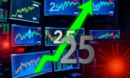 A high-leverage trader's screen showing a significant Ether (ETH) price surge, representing James Wynn's bold Ether long strategy.