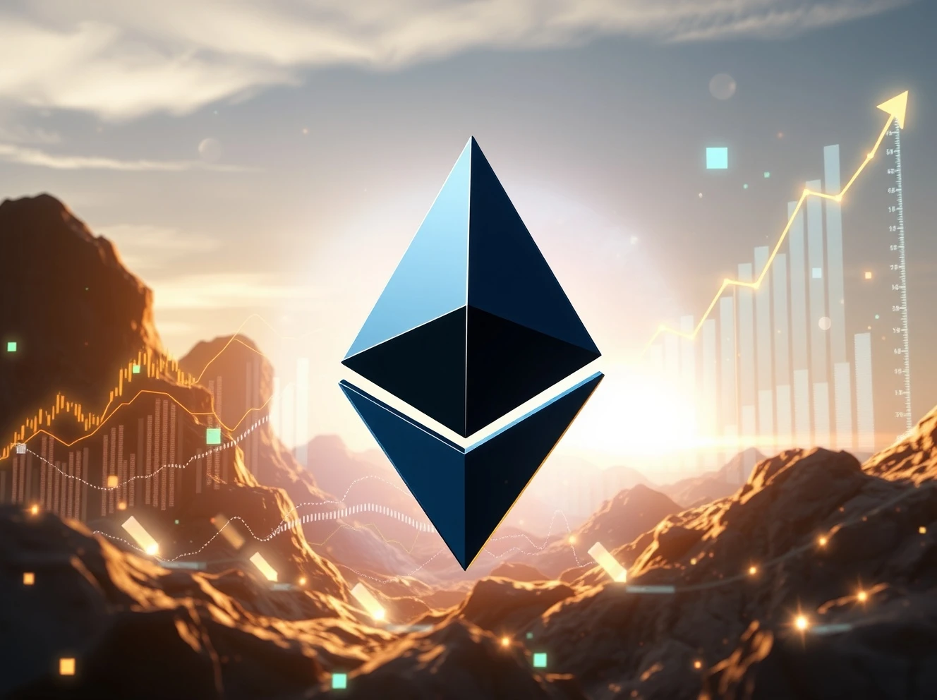 Charts and data streams symbolizing the strong fundamentals and investor confidence driving the Ether price towards the $5,000 mark.