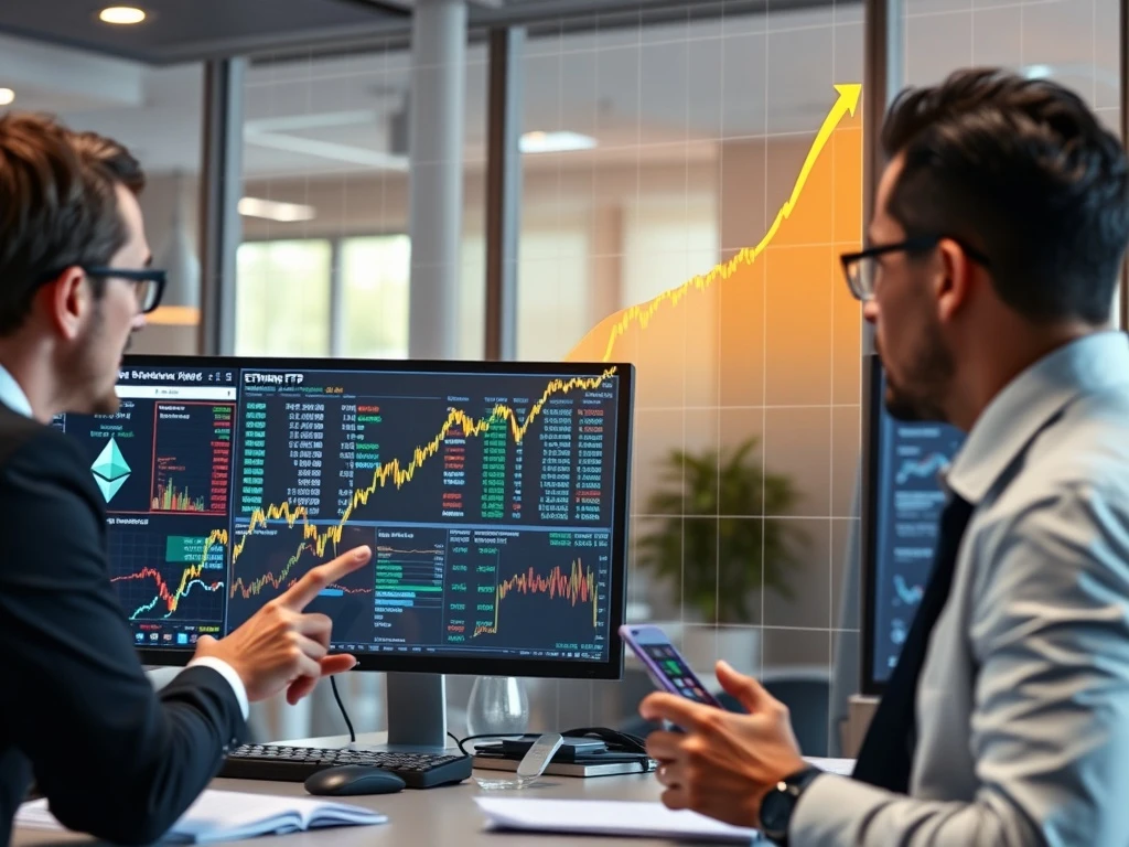 Institutional investors analyzing Ethereum ETFs growth charts and blockchain data visualization