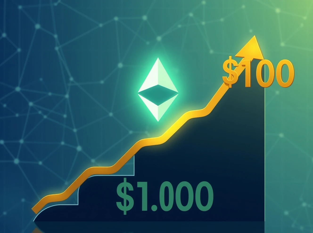 Ethereum price prediction chart showing growth trajectory toward $10,000 target with blockchain network visualization