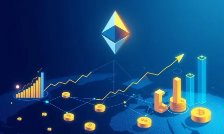 Ethereum price prediction analysis showing blockchain growth and remittance market disruption with financial charts