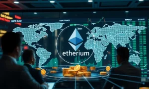 Global investors accessing tokenized stocks through Ethereum blockchain technology for democratized market participation