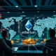 Global investors accessing tokenized stocks through Ethereum blockchain technology for democratized market participation