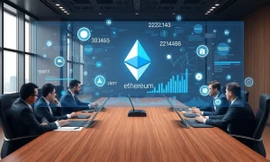 Corporate executives analyzing Ethereum treasury asset strategy with blockchain visualization