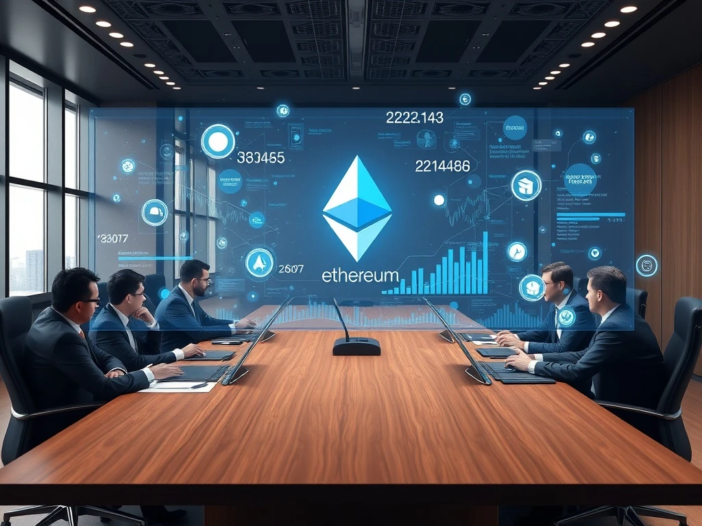 Corporate executives analyzing Ethereum treasury asset strategy with blockchain visualization