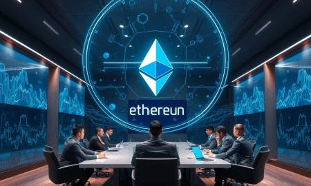 Corporate Ethereum treasury strategy meeting with digital asset visualization