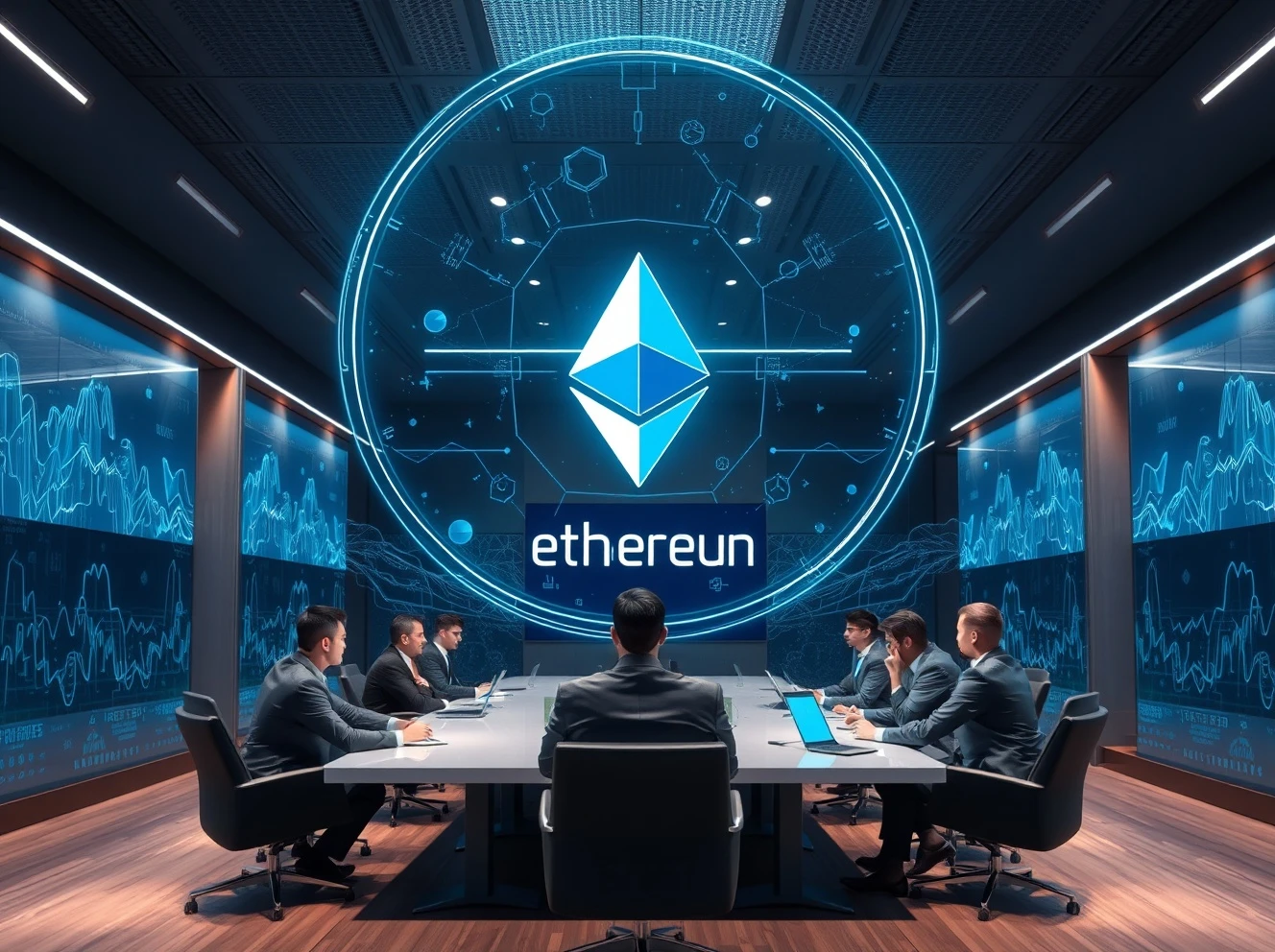 Corporate Ethereum treasury strategy meeting with digital asset visualization