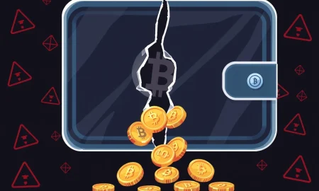 Critical wallet security failure showing digital assets leaking from compromised cryptocurrency wallet