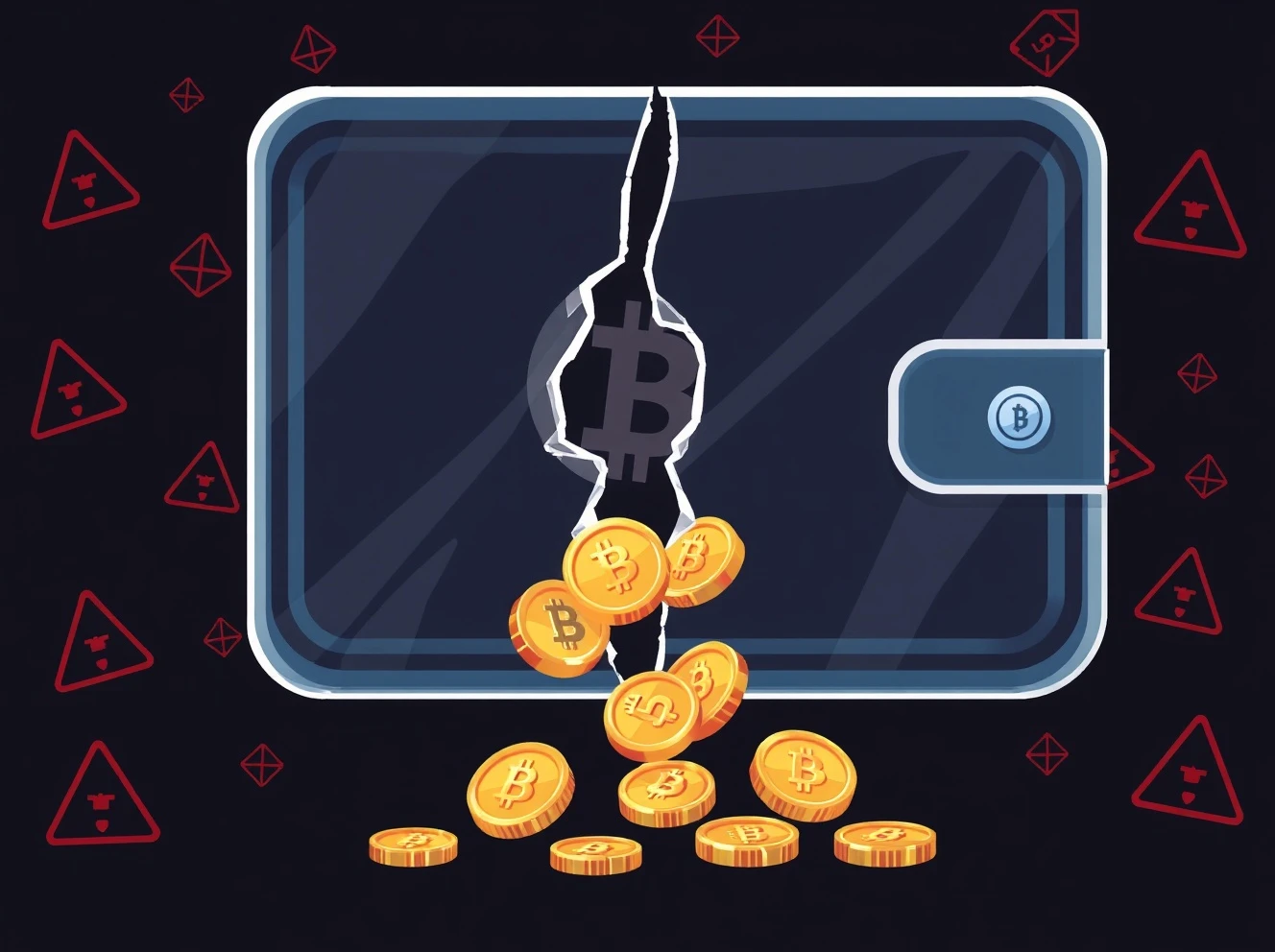 Critical wallet security failure showing digital assets leaking from compromised cryptocurrency wallet