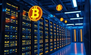 AI-powered cloud mining data center with renewable energy powering Bitcoin mining operations