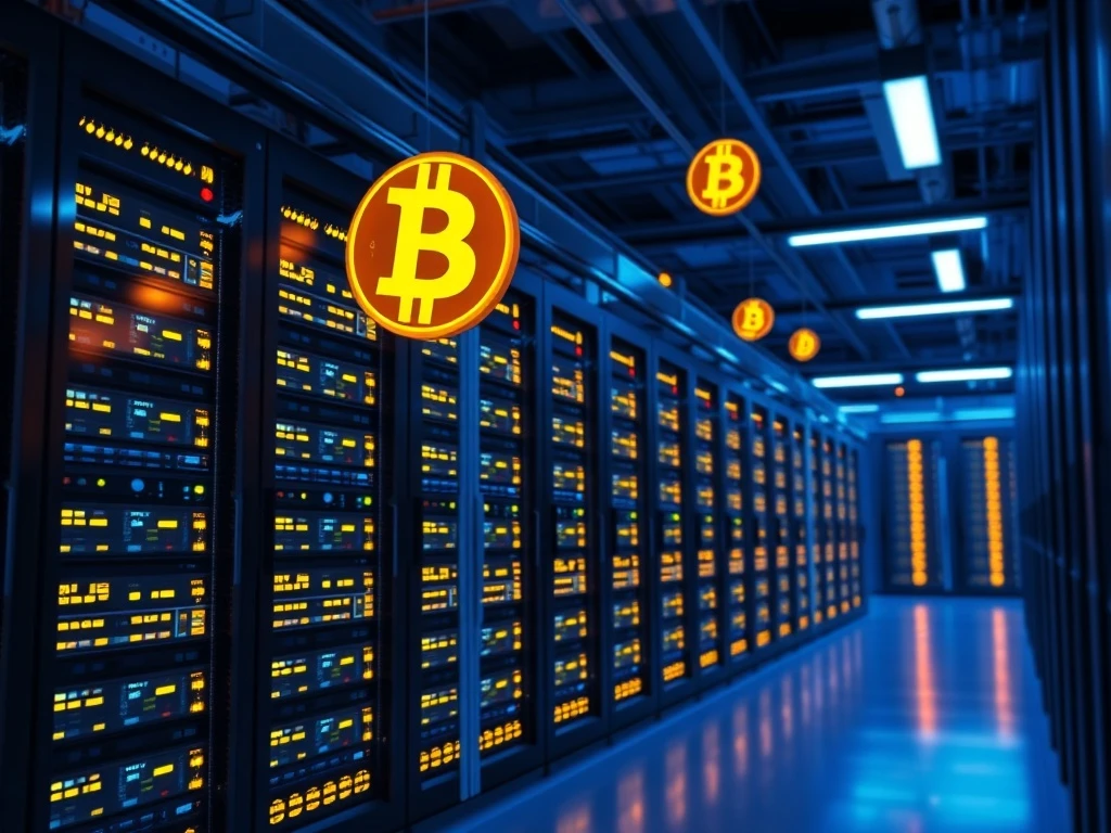 AI-powered cloud mining data center with renewable energy powering Bitcoin mining operations