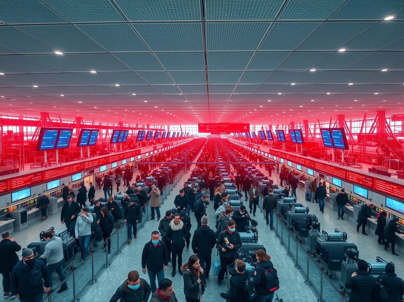European airport chaos caused by ransomware attack showing delayed flights and passenger queues