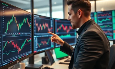 Professional final trade analysis showing ETH and stock market movements on trading monitors
