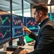 Professional final trade analysis showing ETH and stock market movements on trading monitors