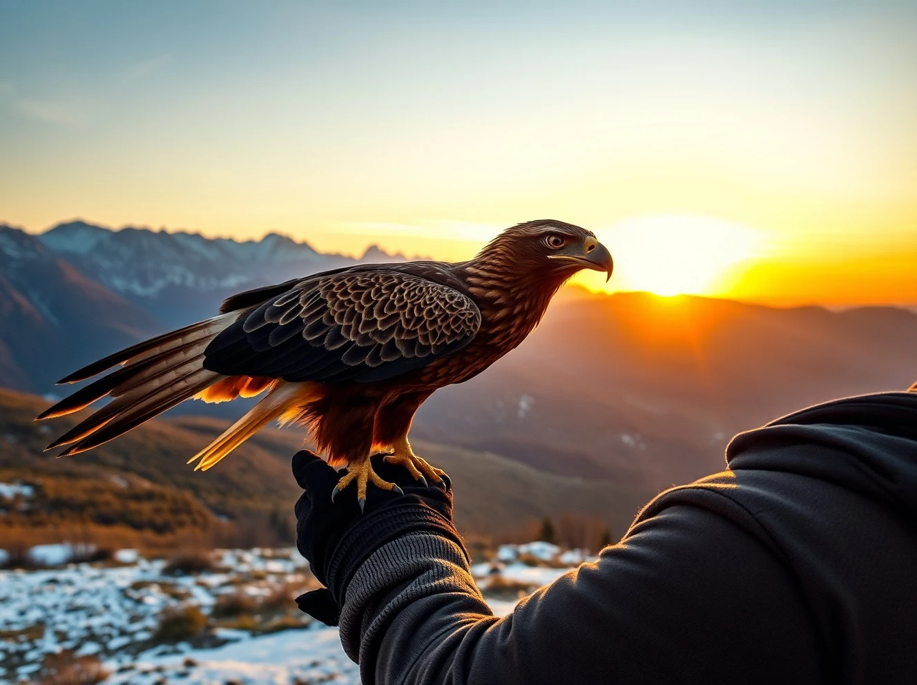 Master falconer practicing falconry conservation with golden eagle in natural habitat