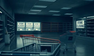 Family retail chain store closing with empty shelves and clearance signs