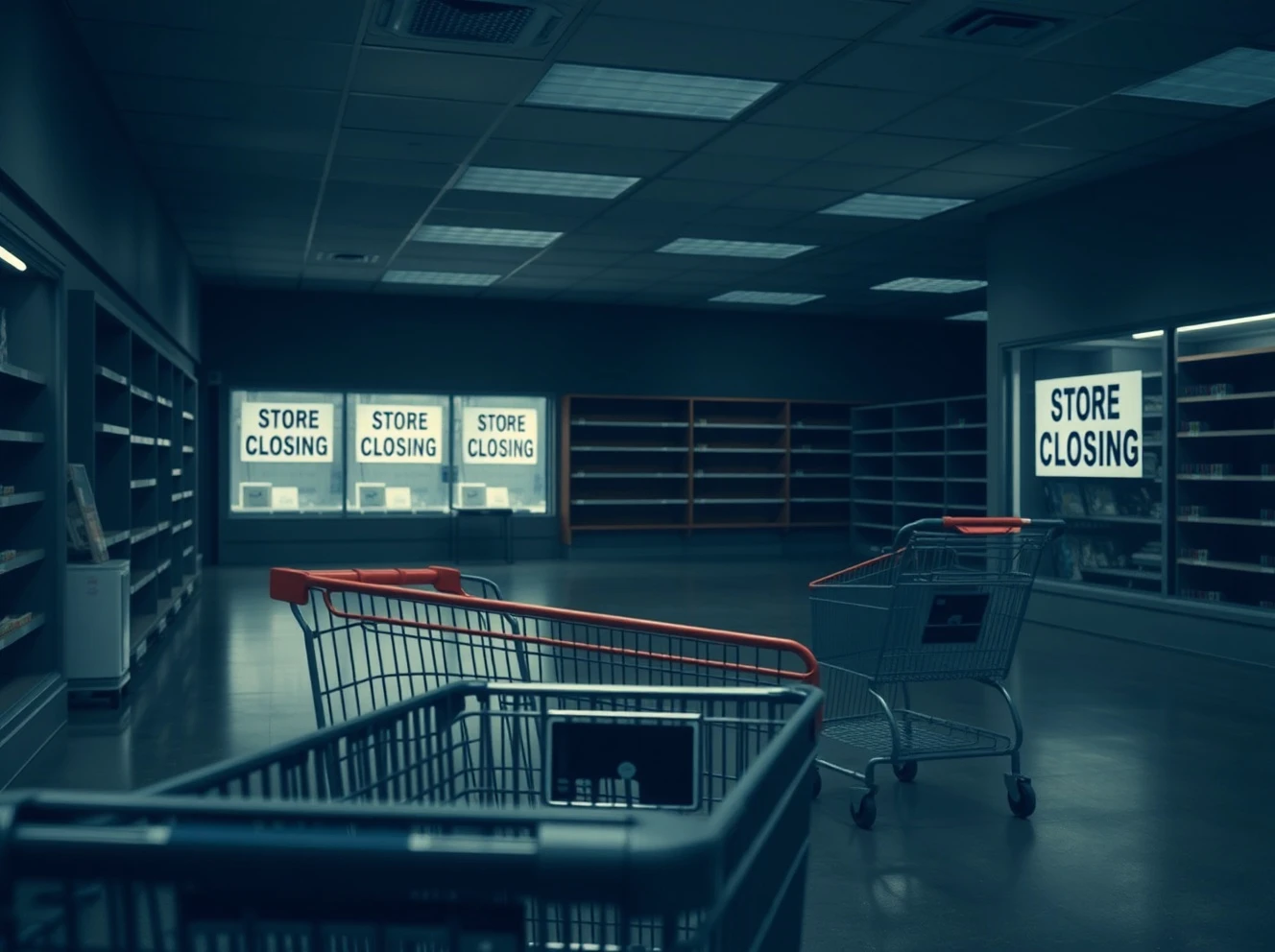 Family retail chain store closing with empty shelves and clearance signs