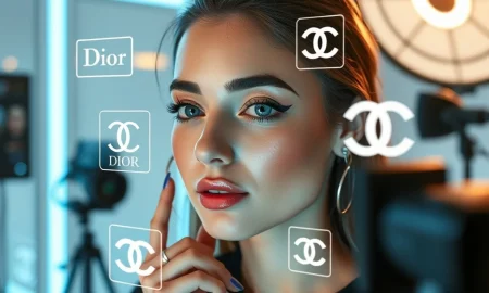 Content creator using Fanspicy's AR makeup live streaming technology with luxury brand filters during broadcast