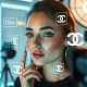 Content creator using Fanspicy's AR makeup live streaming technology with luxury brand filters during broadcast