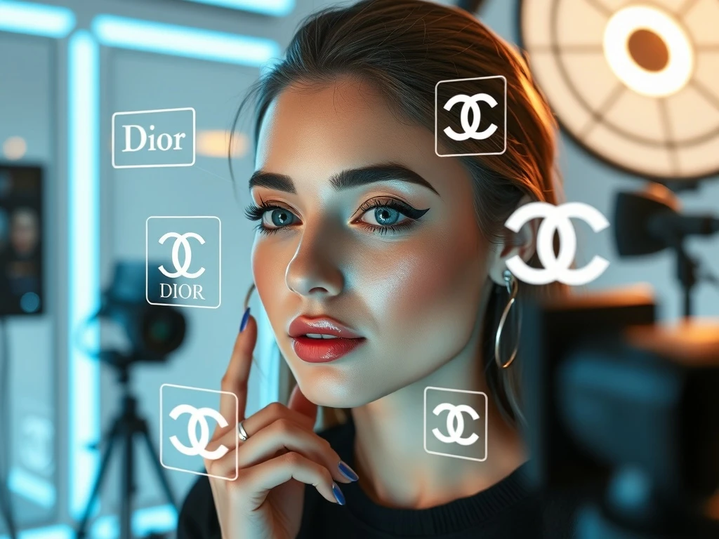 Content creator using Fanspicy's AR makeup live streaming technology with luxury brand filters during broadcast
