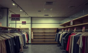 Fashion retail store undergoing Chapter 7 bankruptcy liquidation with empty racks and closure signs