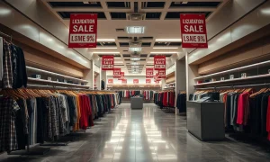 Fashion retail store undergoing Chapter 7 bankruptcy liquidation with empty racks and closure signs