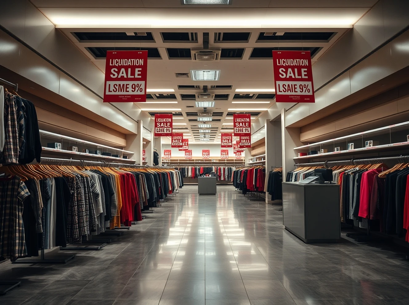 Fashion retail store undergoing Chapter 7 bankruptcy liquidation with empty racks and closure signs