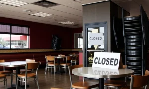 Fast-casual restaurant chain Chapter 7 bankruptcy closure with empty dining area