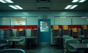 Fast-food chain closes multiple restaurants with empty dining area and closed signs visible