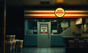 Fast-food chicken chain closures show empty restaurant with closed sign during business downturn