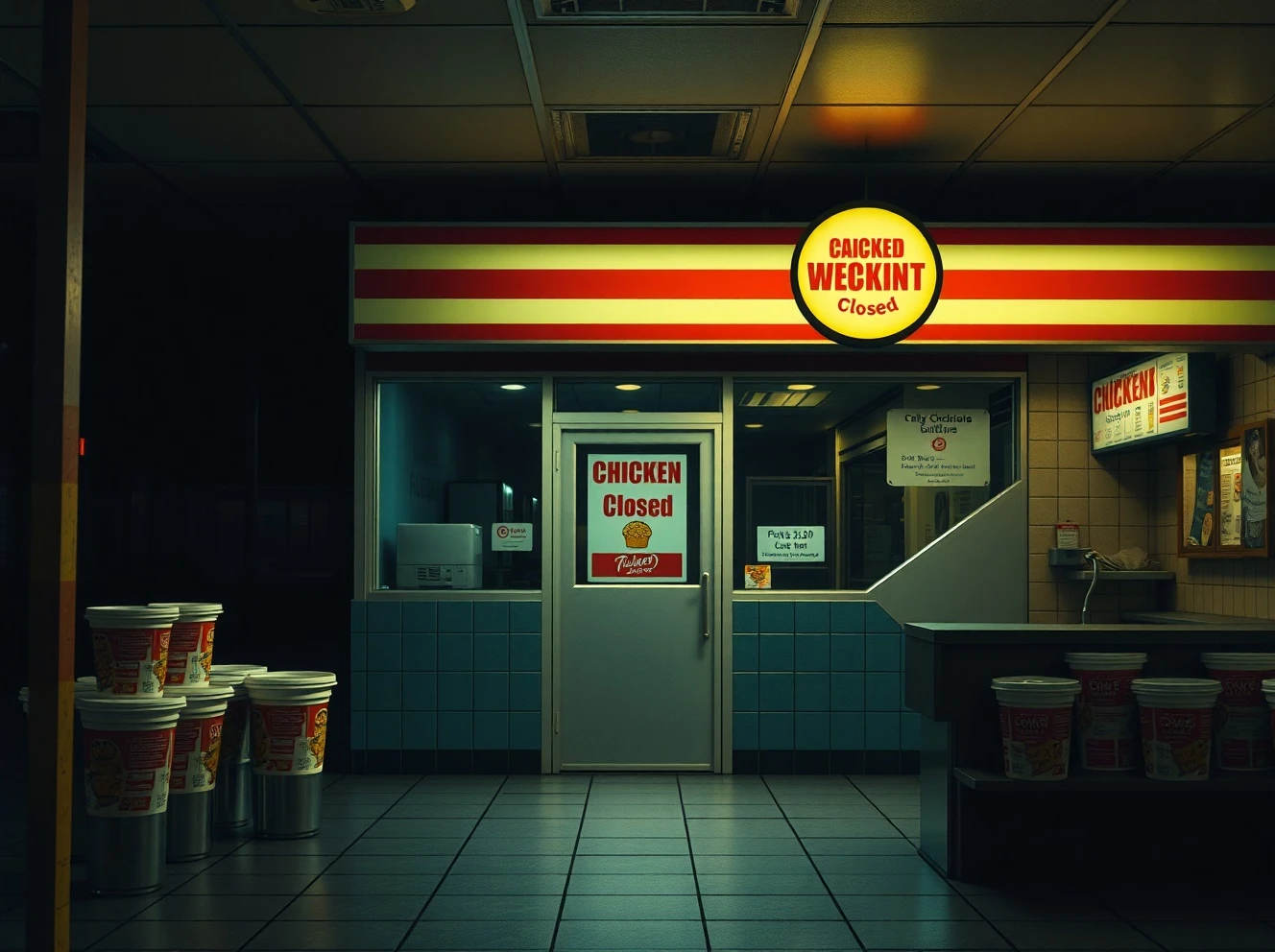 Fast-food chicken chain closures show empty restaurant with closed sign during business downturn