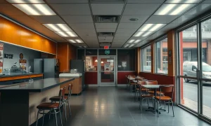 Fast-food closures affecting major chicken restaurant competitor with empty dining area and closed signs