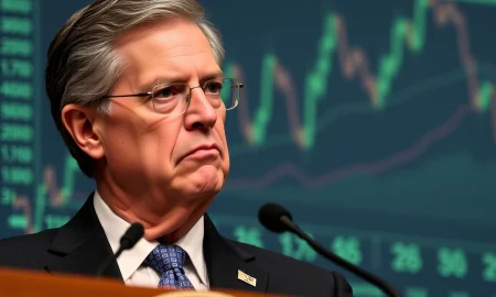 Jerome Powell speaks, surrounded by financial data, illustrating expert analysis of potential Fed interest rate cuts.