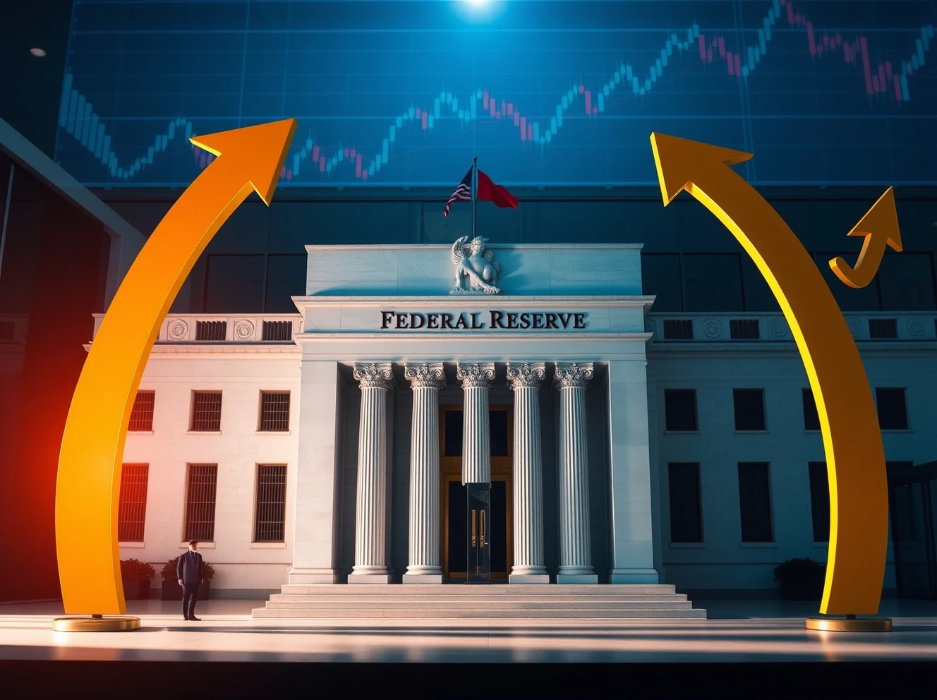 Federal Reserve building with rising inflation indicators challenging Fed interest rates policy