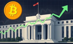 Bitcoin price chart reacting to Fed policy shifts with upward trajectory and institutional inflows